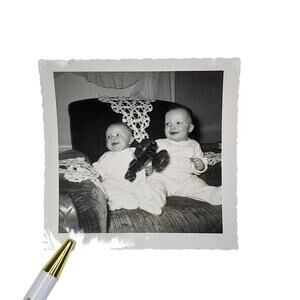 Vtg Cute Infants Posing Together on Sofa Monochrome Photography Found Snapshot